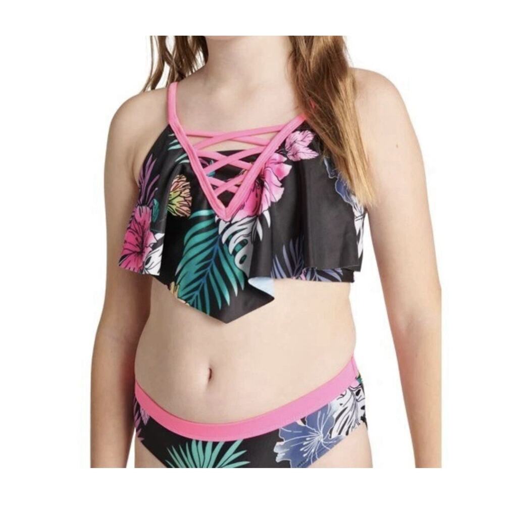 Justice Floral Swimsuit Tankini Multicolor Two Piece Swimwear Size XL‎ 14/16